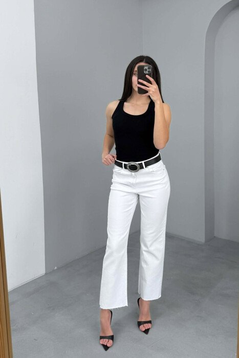 ONE COLOR BELT DETAIL WOMAN JEANS WHITE-E BARDHE - KLAUDIO FASHION