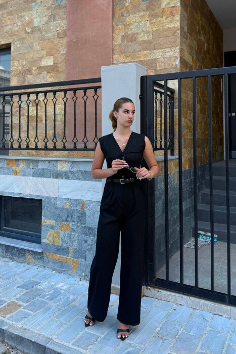 ONE COLOR BELT DETAIL WOMAN JUMPSUIT BLACK/ E ZEZE - 4