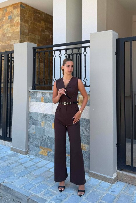 ONE COLOR BELT DETAIL WOMAN JUMPSUIT BROWN/KAFE 