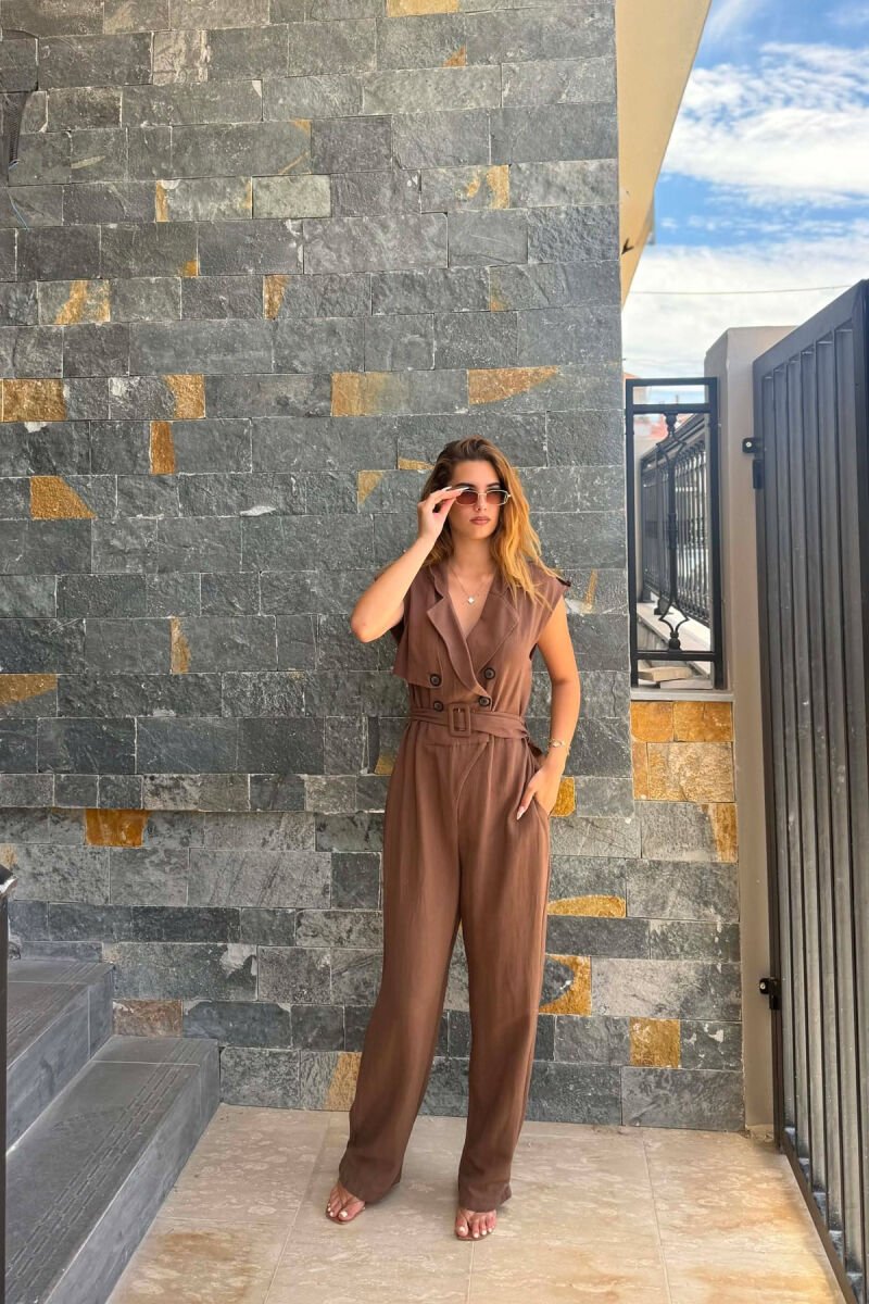 ONE COLOR BELT DETAIL WOMAN JUMPSUIT BROWN/KAFE - 1