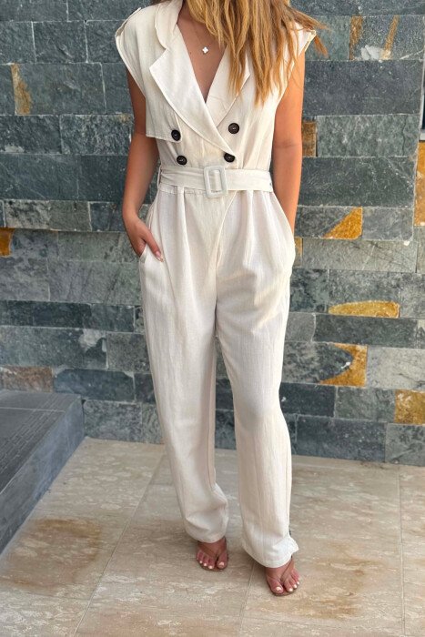 ONE COLOR BELT DETAIL WOMAN JUMPSUIT CREAM/KREM - 2