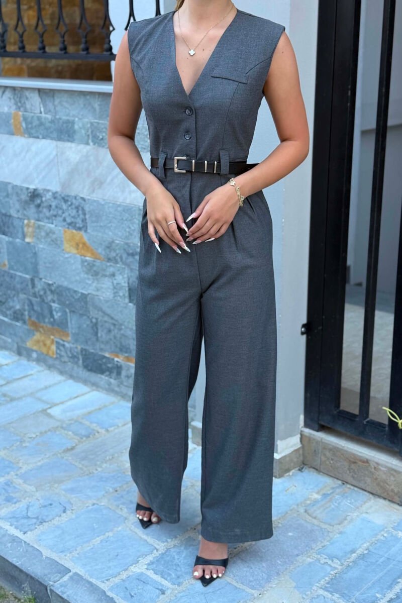 ONE COLOR BELT DETAIL WOMAN JUMPSUIT DARK GREY/GEE - 3