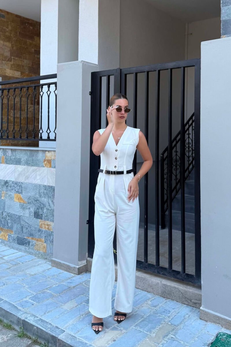 ONE COLOR BELT DETAIL WOMAN JUMPSUIT WHITE-E BARDHE - 1
