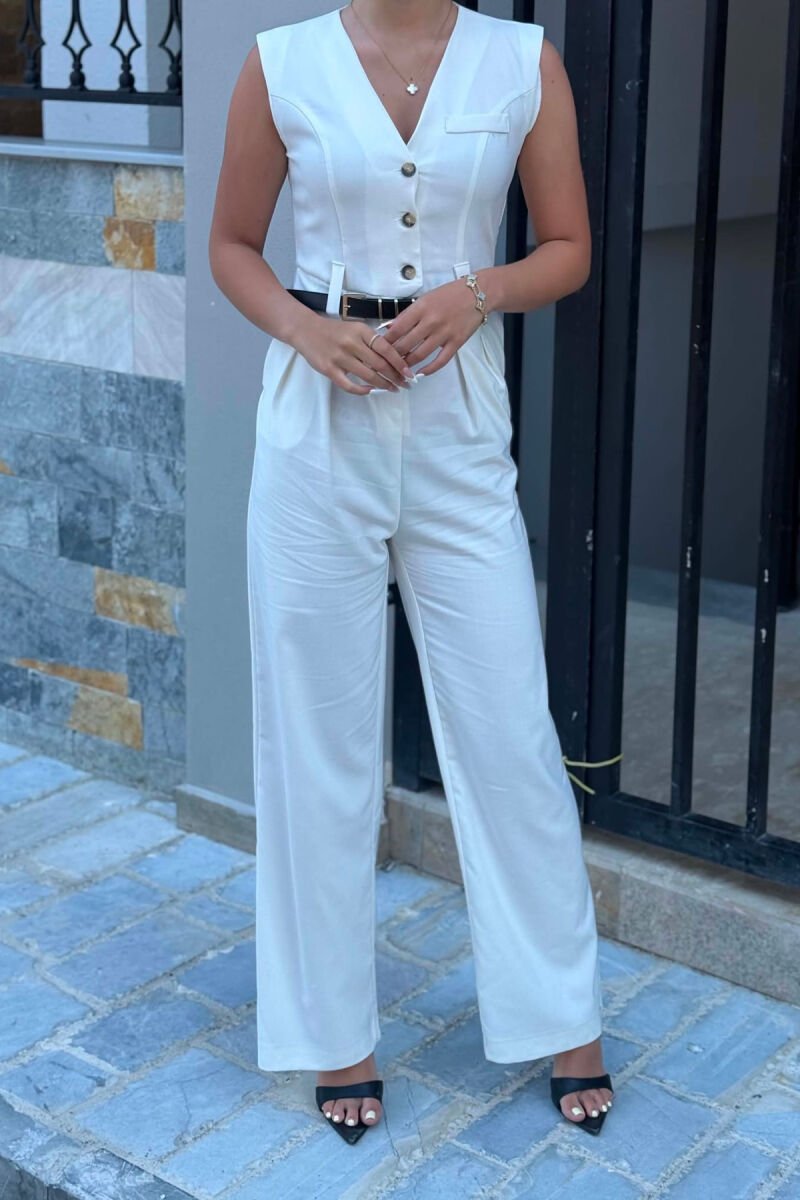 ONE COLOR BELT DETAIL WOMAN JUMPSUIT WHITE-E BARDHE - 3
