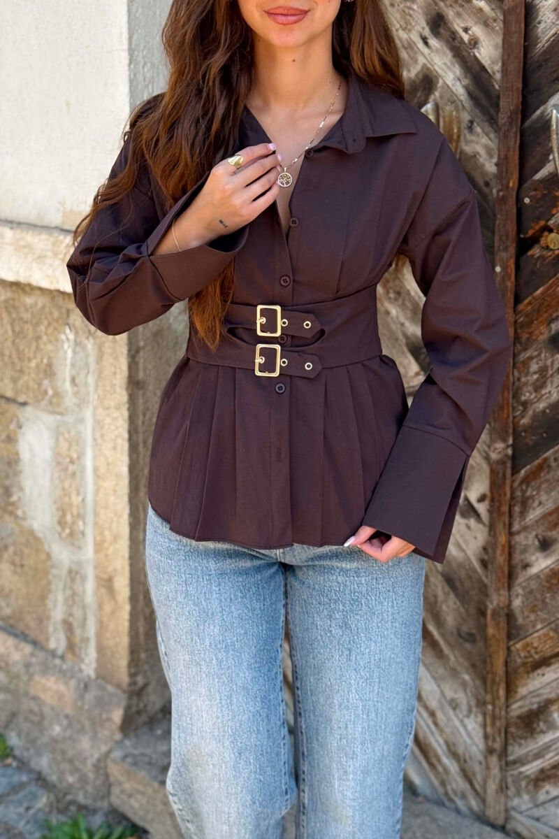 ONE COLOR BELT DETAIL WOMAN SHIRT BROWN/KAFE - 3