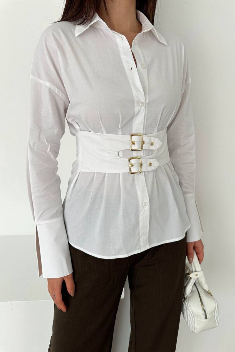 ONE COLOR BELT DETAIL WOMAN SHIRT WHITE-E BARDHE - 2