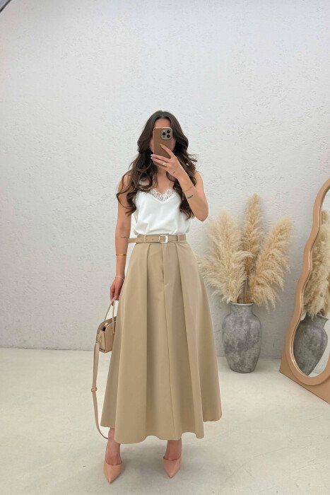 ONE COLOR BELT DETAIL WOMAN SKIRT BEIGE/BEZHE - KLAUDIO FASHION