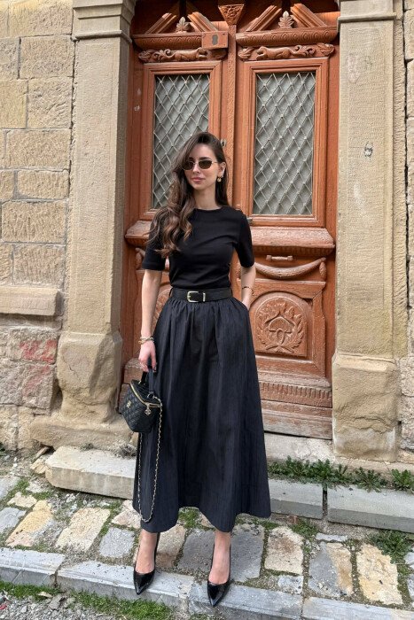 ONE COLOR BELT DETAIL WOMAN SKIRT BLACK/ E ZEZE - 1