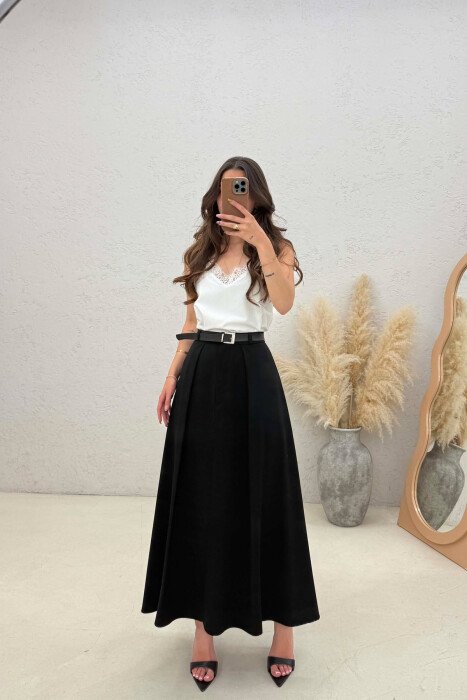 ONE COLOR BELT DETAIL WOMAN SKIRT BLACK/ E ZEZE - KLAUDIO FASHION