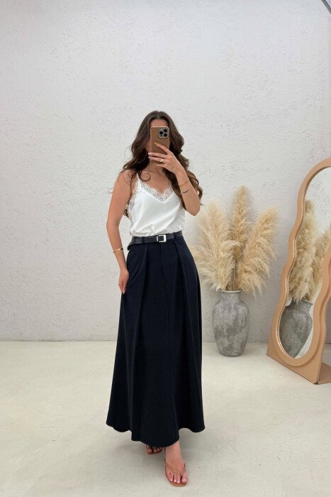 ONE COLOR BELT DETAIL WOMAN SKIRT BLUE/BLU - KLAUDIO FASHION