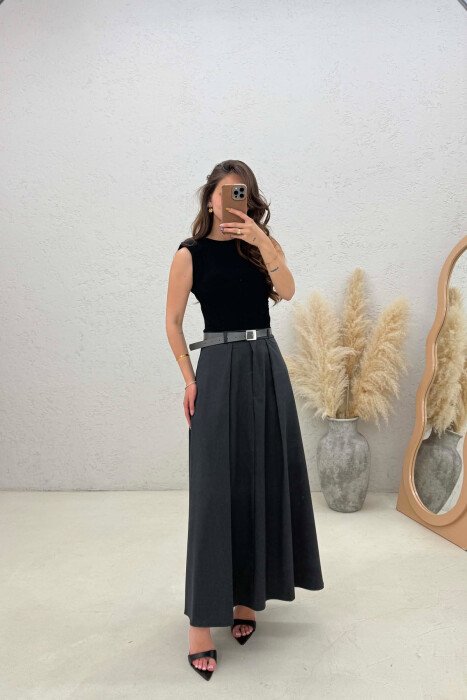 ONE COLOR BELT DETAIL WOMAN SKIRT DARK GREY/GEE - KLAUDIO FASHION