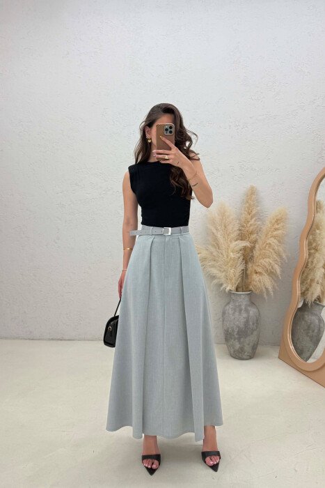 ONE COLOR BELT DETAIL WOMAN SKIRT LIGHT GREY/GZ - KLAUDIO FASHION
