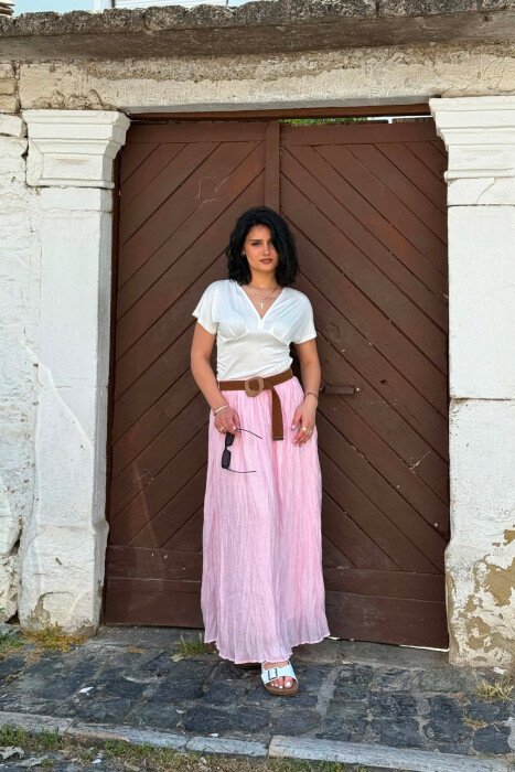 ONE COLOR BELT DETAIL WOMAN SKIRT PINK/ROZE - KLAUDIO FASHION