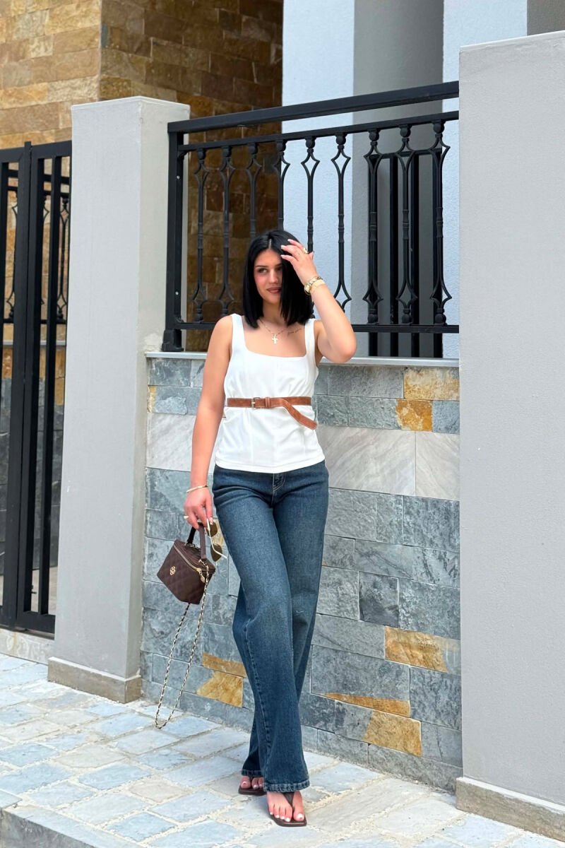 ONE COLOR BELT DETAIL WOMAN TANK TOP WHITE-E BARDHE - 7