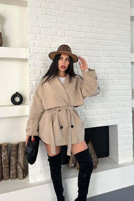 ONE COLOR BELT DETAIL WOMAN TRENCH COAT BEIGE/BEZHE - KLAUDIO FASHION