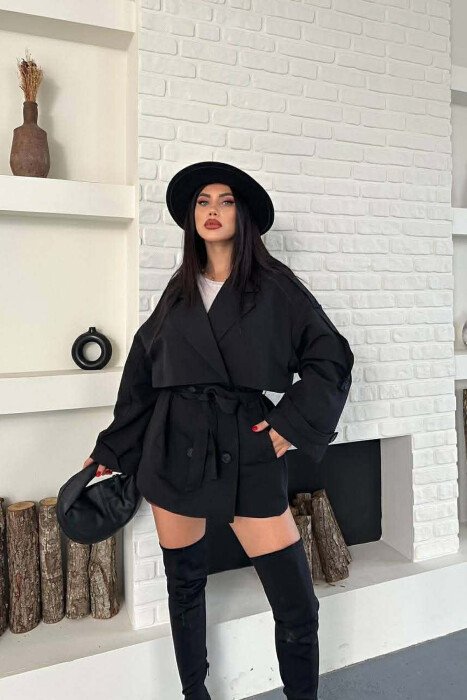 ONE COLOR BELT DETAIL WOMAN TRENCH COAT BLACK/ E ZEZE - 4