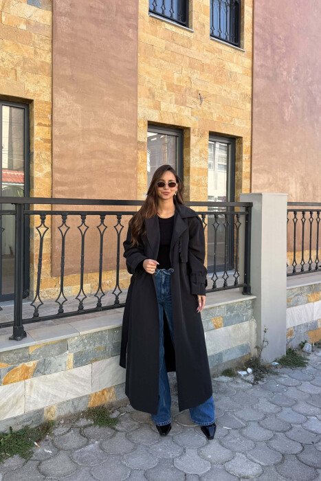 ONE COLOR BELT DETAIL WOMAN TRENCH COAT BLACK/ E ZEZE 