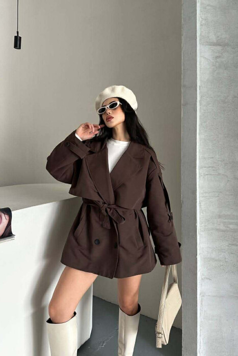 ONE COLOR BELT DETAIL WOMAN TRENCH COAT BROWN/KAFE - KLAUDIO FASHION