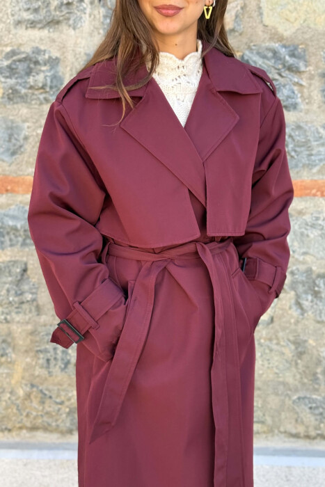 ONE COLOR BELT DETAIL WOMAN TRENCH COAT BURGUNDY/VISHNJE - 3
