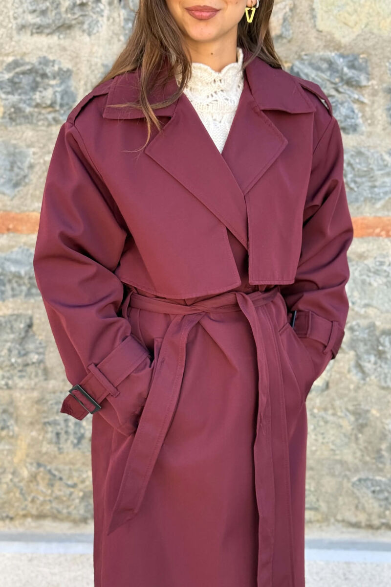ONE COLOR BELT DETAIL WOMAN TRENCH COAT BURGUNDY/VISHNJE - 3
