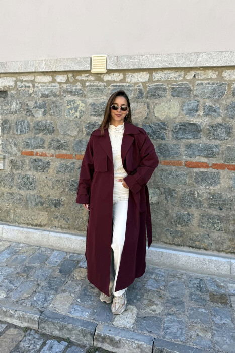 ONE COLOR BELT DETAIL WOMAN TRENCH COAT BURGUNDY/VISHNJE - 5
