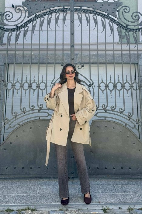 ONE COLOR BELT DETAIL WOMAN TRENCH COAT DARK BEIGE/BEZHE ERRET - 8