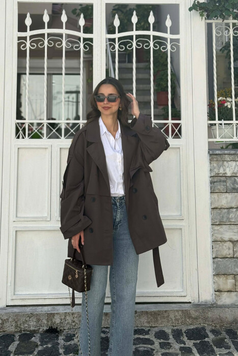 ONE COLOR BELT DETAIL WOMAN TRENCH COAT DARK BROWN/KAE - KLAUDIO FASHION