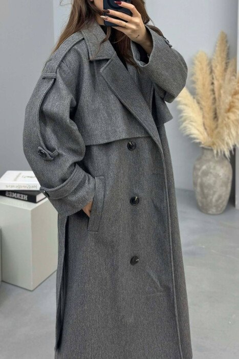 ONE COLOR BELT DETAIL WOMAN TRENCH COAT DARK GREY/GEE - 3