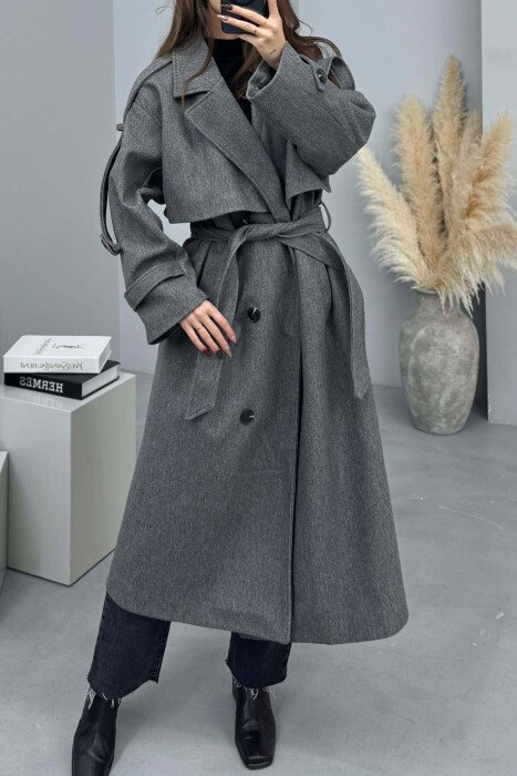 ONE COLOR BELT DETAIL WOMAN TRENCH COAT DARK GREY/GEE - 1