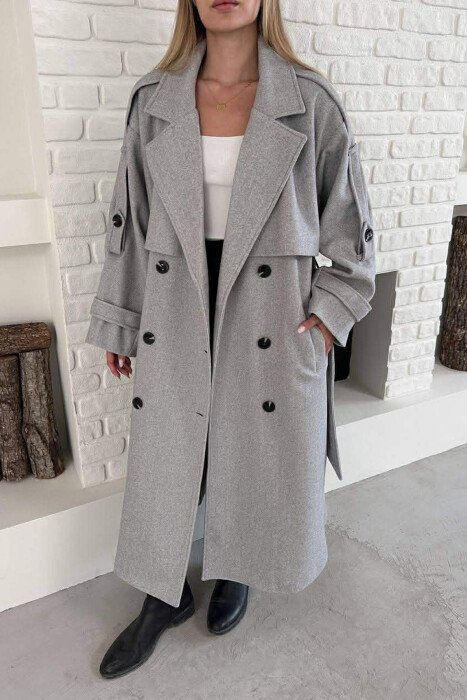 ONE COLOR BELT DETAIL WOMAN TRENCH COAT LIGHT GREY/GZ - 1