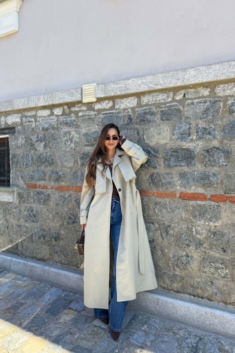 ONE COLOR BELT DETAIL WOMAN TRENCH COAT MINT/MENTE - KLAUDIO FASHION