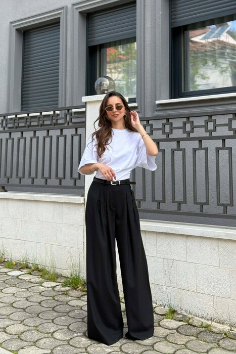 ONE COLOR BELT DETAIL WOMAN TROUSERS BLACK/ E ZEZE - 1