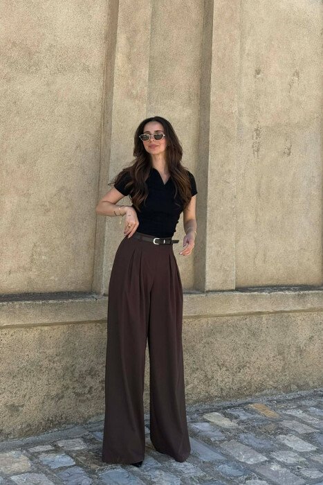 ONE COLOR BELT DETAIL WOMAN TROUSERS BROWN/KAFE - 1