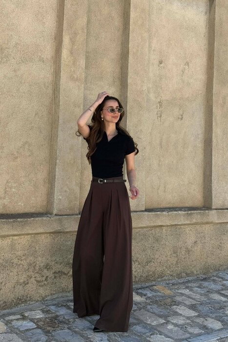 ONE COLOR BELT DETAIL WOMAN TROUSERS BROWN/KAFE - 3