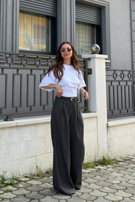 ONE COLOR BELT DETAIL WOMAN TROUSERS DARK GREY/GEE - 2