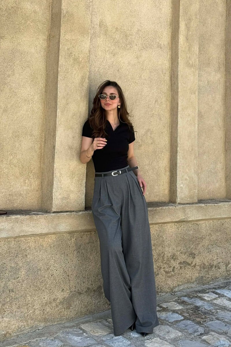 ONE COLOR BELT DETAIL WOMAN TROUSERS GREY/GRI - 1