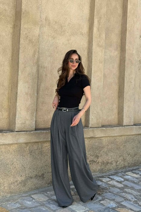 ONE COLOR BELT DETAIL WOMAN TROUSERS GREY/GRI - 2