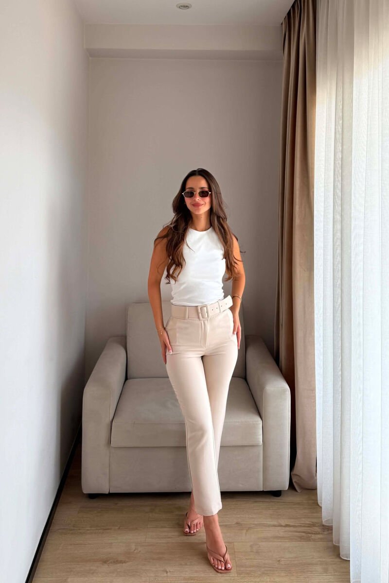 ONE COLOR BELT DETAIL WOMAN TROUSERS BEIGE/BEZHE - 1