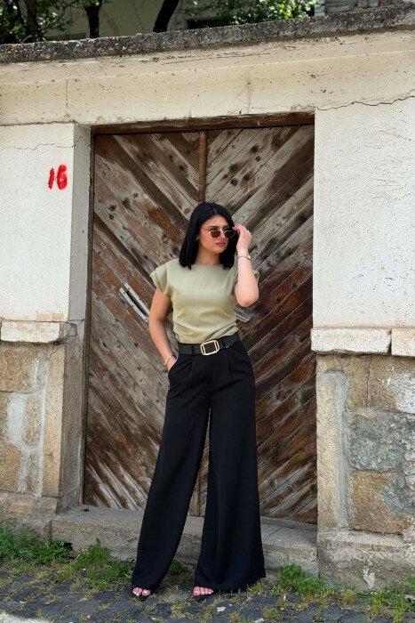 ONE COLOR BELT DETAIL WOMAN TROUSERS BLACK/ E ZEZE - 1
