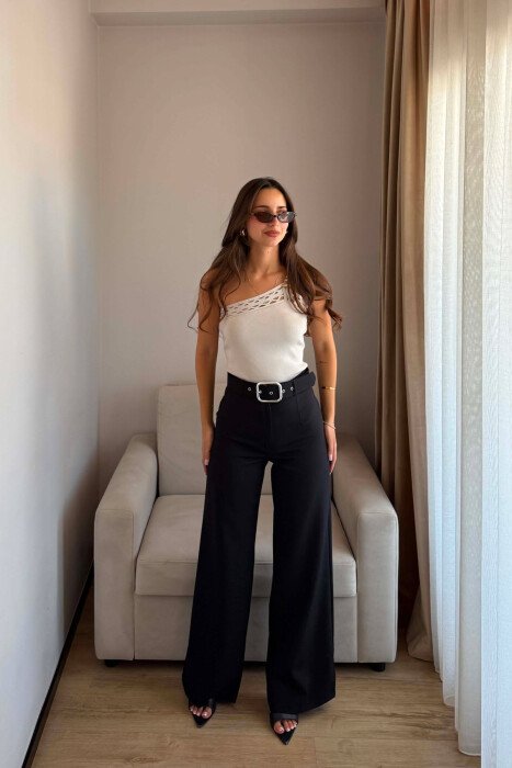 ONE COLOR BELT DETAIL WOMAN TROUSERS BLACK/ E ZEZE 