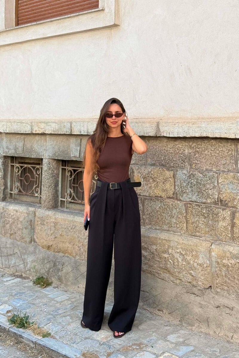 ONE COLOR BELT DETAIL WOMAN TROUSERS BLACK/ E ZEZE - 1