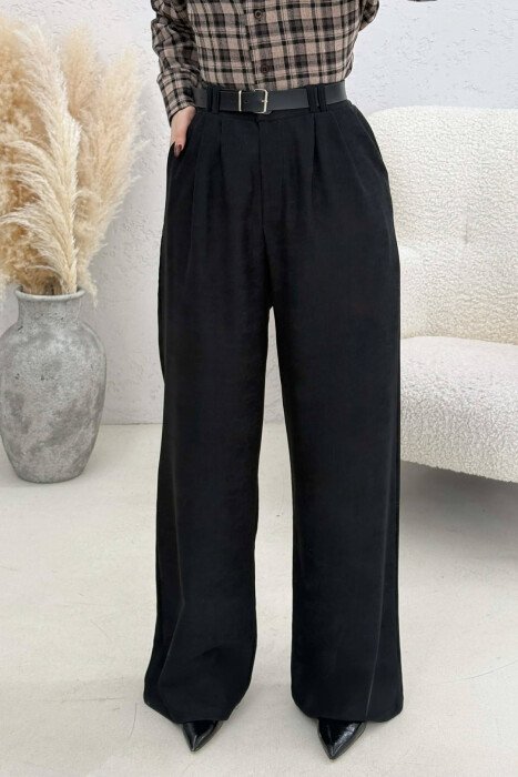 ONE COLOR BELT DETAIL WOMAN TROUSERS BLACK/ E ZEZE - KLAUDIO FASHION