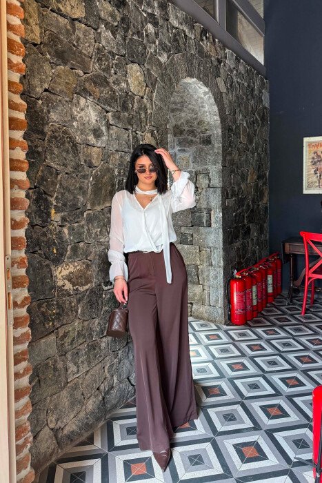 ONE COLOR BELT DETAIL WOMAN TROUSERS BROWN/KAFE - 1