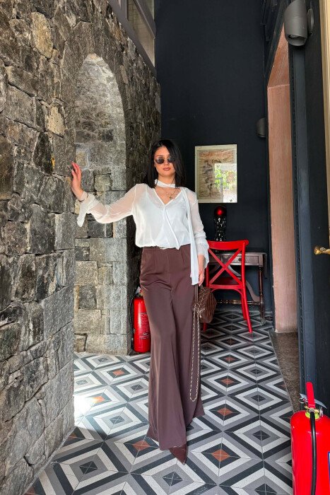 ONE COLOR BELT DETAIL WOMAN TROUSERS BROWN/KAFE - 3
