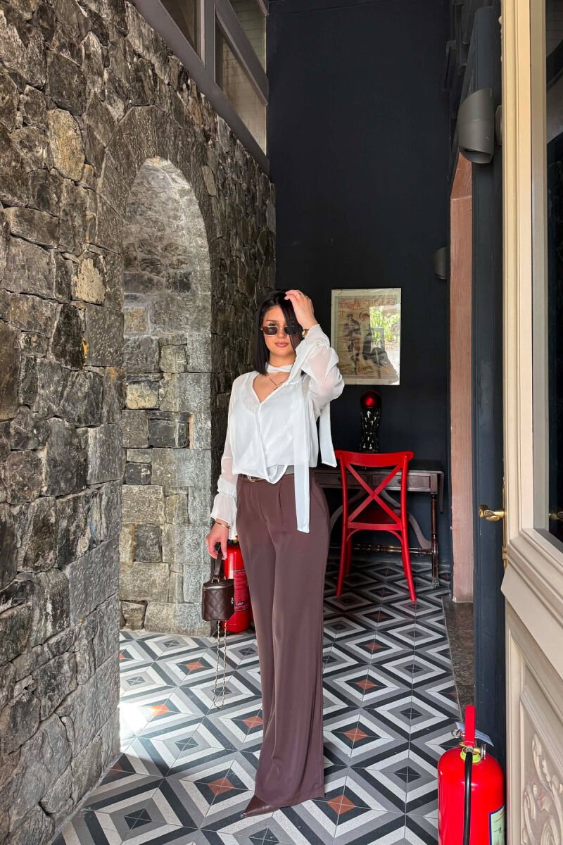 ONE COLOR BELT DETAIL WOMAN TROUSERS BROWN/KAFE - 4