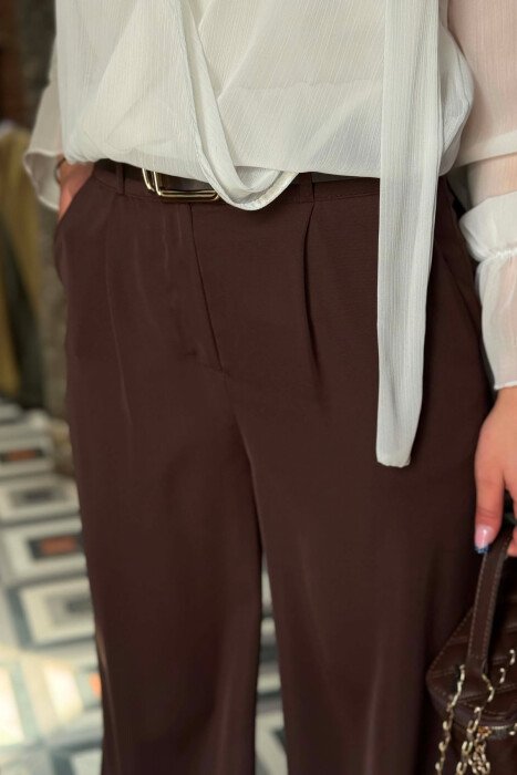 ONE COLOR BELT DETAIL WOMAN TROUSERS BROWN/KAFE - 5