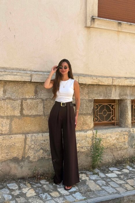 ONE COLOR BELT DETAIL WOMAN TROUSERS BROWN/KAFE - KLAUDIO FASHION