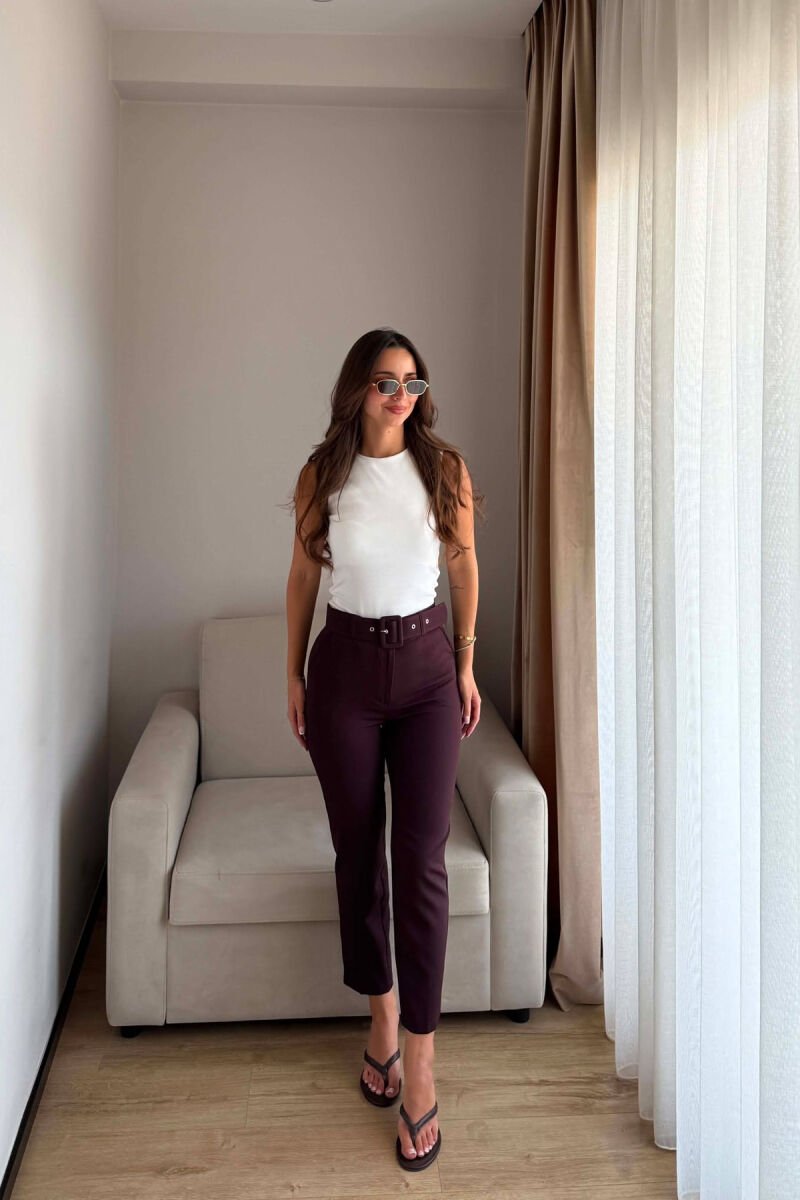 ONE COLOR BELT DETAIL WOMAN TROUSERS BURGUNDY/VISHNJE - 1
