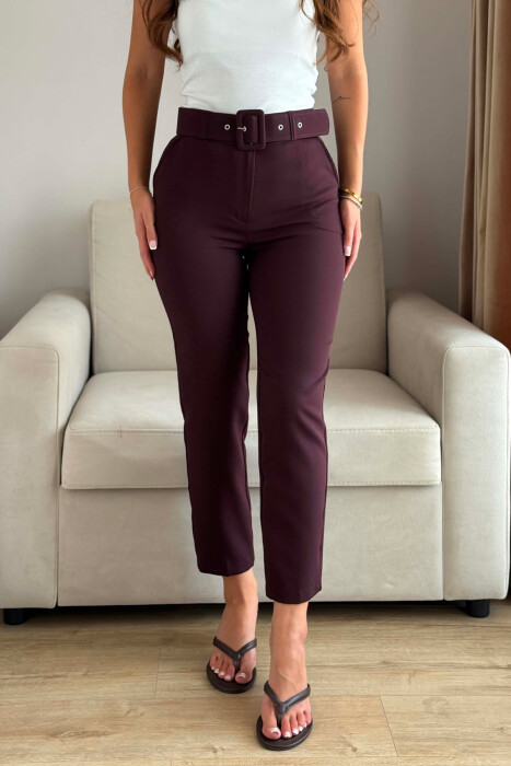 ONE COLOR BELT DETAIL WOMAN TROUSERS BURGUNDY/VISHNJE - 3