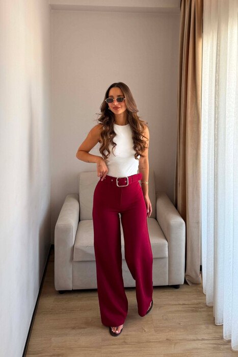 ONE COLOR BELT DETAIL WOMAN TROUSERS BURGUNDY/VISHNJE 